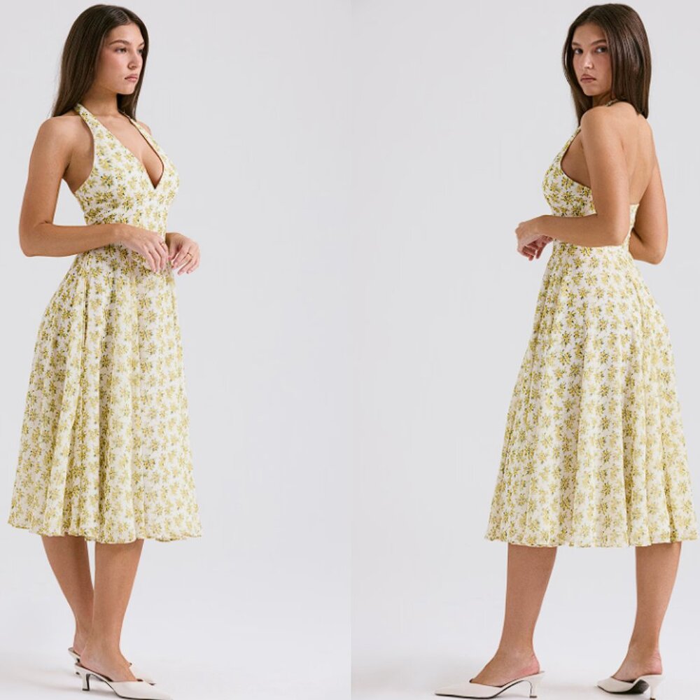 House of CB 'Solada' Ivory Vintage Floral Print Georgette Halter Sundress NWOT - Picture 5 of 8